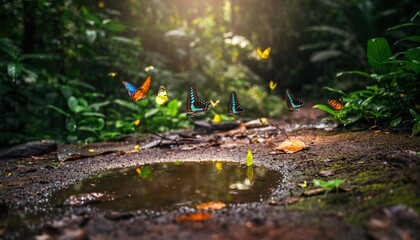 Numerous colorful butterflies gather above a small puddle on a damp forest path