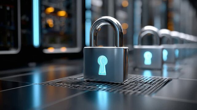 Cyber Fortress: A striking image of a row of gleaming padlocks illuminated with a futuristic blue glow, symbolizing robust security and data protection within a technological landscape.