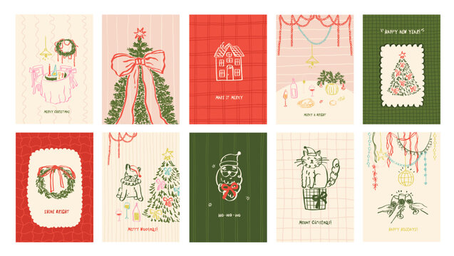 Set of whimsical Christmas card. Coquette whimsy bow frame card with Christmas tree, cat, dinner table, wreath and cute dog. Ribbon garland border greeting card design