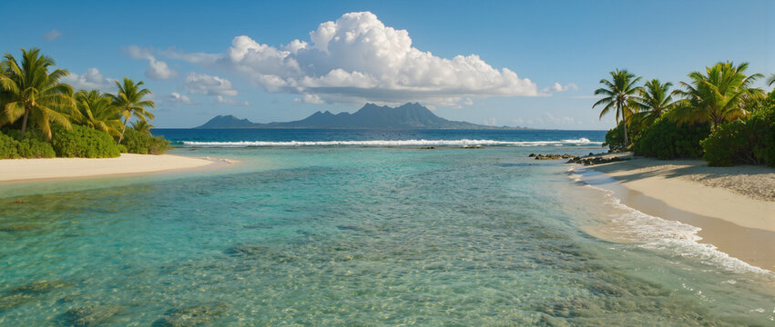 Tropical island with palm trees, turquoise lagoon and mountains on horizon under bright sun.