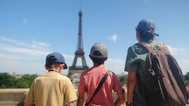 Family sightseeing the eiffel tower from a parisian street, parents and children enjoying a summer city break, strolling and discovering the iconic landmark together