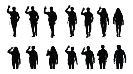 Collection of waving and walking people silhouettes isolated on transparent background, Vector
