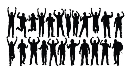 Energetic cheering people silhouettes isolated on transparent background, Vector