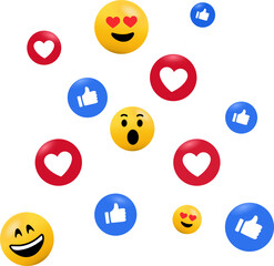 Floating emojis and social media reaction icons, including hearts, thumbs up, and expressive faces, represent online comments, customer reviews, and success in digital communication