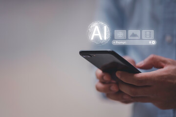 Businessman interacting with AI prompt interface, symbolizing generative artificial intelligence, prompt engineering, content creation by AI, machine learning tools, and digital automation future.