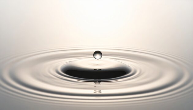 Water drop suspended above circular ripples in soft natural light. Perfect for mindfulness, spa, and design backgrounds.