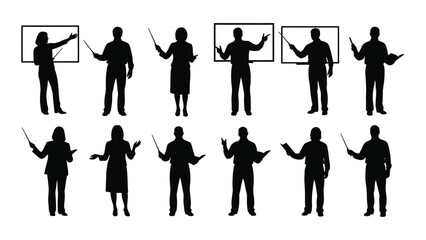 Teacher and presenter silhouettes collection isolated on transparent background, Vector