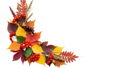 Fall leaves with berries corner isolated on transparent background