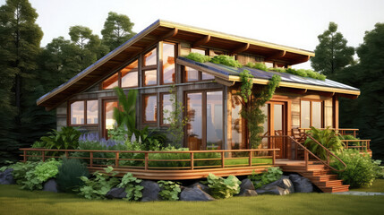 Stunning eco-friendly cabin retreat surrounded by lush greenery offers a peaceful escape, promising relaxation and connection with nature in this charming woodland getaway