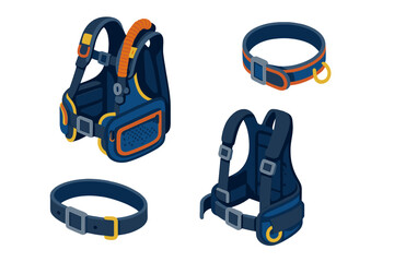 Naklejka premium Underwater Diving Equipment. Isometric vector illustration set Underwater diving gear – dive backpack, cam-strap, gear loops; tank