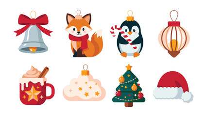 Naklejka premium Festive Holiday Ornaments: A charming array of whimsical ornaments, each embodying the spirit of celebration and joy with festive bells, a cute fox with a scarf, a penguin holding a candy cane.