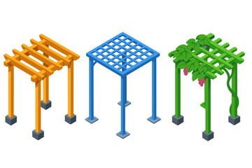 Vibrant Pergola Designs. Isometric vector illustration set Pergolas – timber pergola, metal trellis, vine shade; beam rafters,