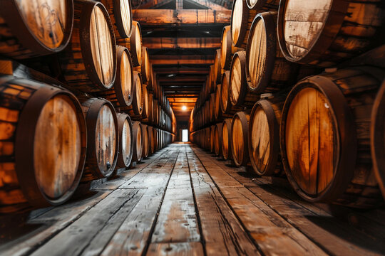 Generative AI image of person exploring traditional winery wooden barrels for wine beer alcohol production