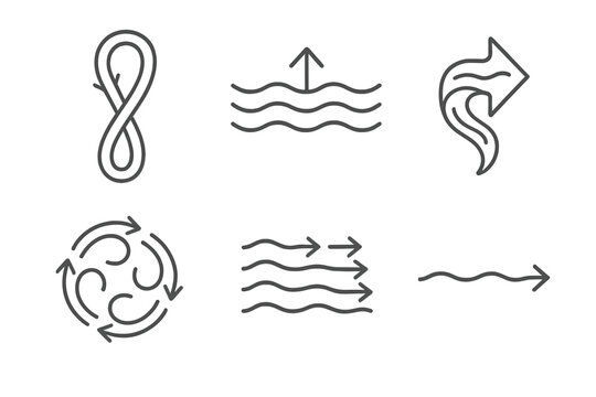 Ocean Currents Icons. Line style icons of ocean currents and circulation: global conveyor belt diagram, upwelling zone symbol,