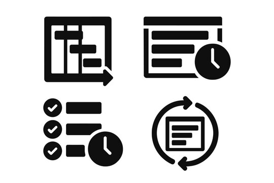 Task Management Icons. Solid style icons of scheduling and task execution: Gantt chart icon, execution timeline, task queue with