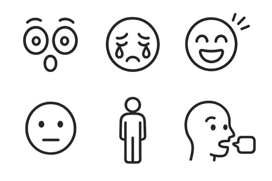 Line Style Reactions. Line style icons of common reactions and expressions: wide-eyed wonder, deep tears, laughter burst, quiet