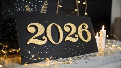 Golden 2026 Glitter Typography on Black Background – Elegant New Year Party Design