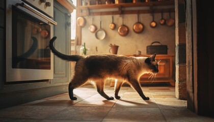 Domestic feline with pointed markings walks across a sunlit kitchen floor
