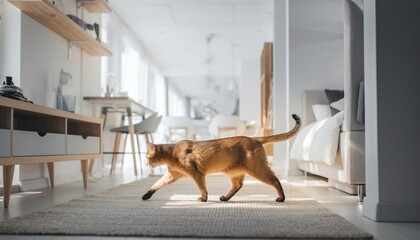 Domestic feline with reddish brown coat walks across a woven rug in a brightly lit modern living space