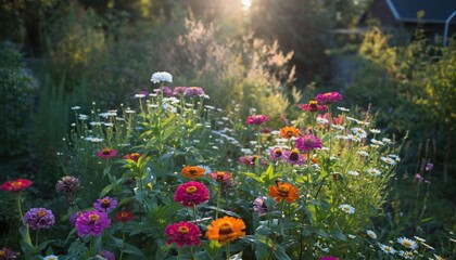 Vibrant, multicolored blooms flourish under bright evening sunlight in a lush garden setting
