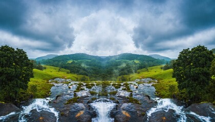 Cascading water flows over dark rocks amidst lush green hills under a dramatic sky