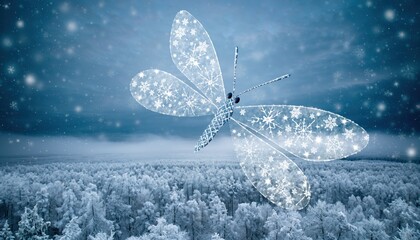 Illuminated crystalline insect with snowflake wings hovers above a snow-covered forest landscape