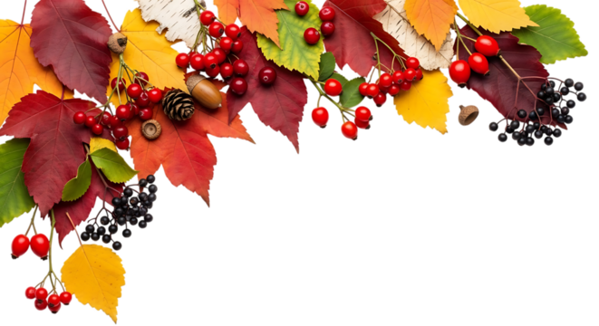 Colorful fall leaves and berries corner decoration isolated on transparent background
