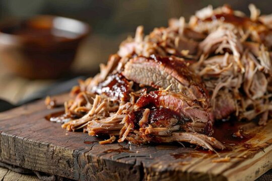 Delicious pulled pork served on wooden board