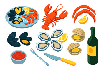 Naklejka premium Seafood Feast Icons. Isometric vector illustration set cooking themes: seafood platter, lobster, crab legs, mussels, oysters,