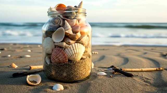 A glass jar filled with seashells and sand on a beach during sunset, with waves in the background