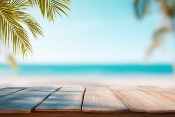 Wooden table with blurred tropical beach and palm leaves background, ideal for summer vacation promotions, travel advertising, and holiday product mockups