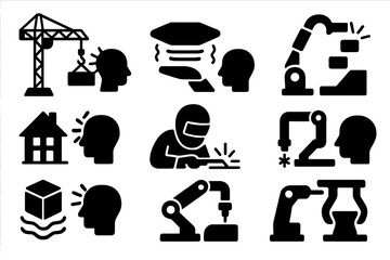 Psi-Tools Icon Set. Solid style icons of psi-induced construction tools: telekinetic cranes, levitation pads, build-with-mind