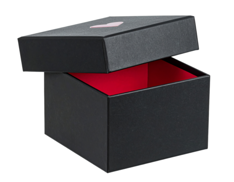 Open black gift box with a red interior, isolated on a transparent background. Elegant packaging for a Valentines Day surprise. - Powered by Adobe