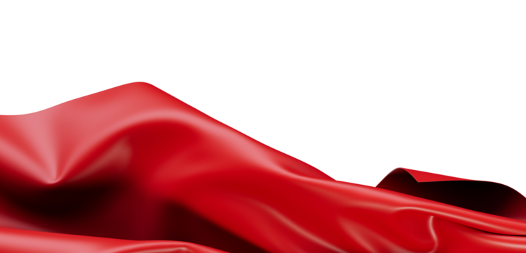 A high-quality image of a vibrant red fabric flowing and rippling across the frame. The smooth, glossy texture catches the light, creating dynam