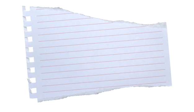 notebook paper with torn edges stuck on transparent background.