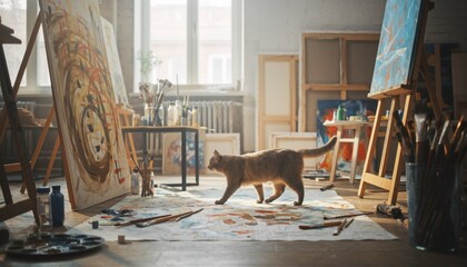 Domestic feline traverses a sunlit fine art  filled with easels and supplies