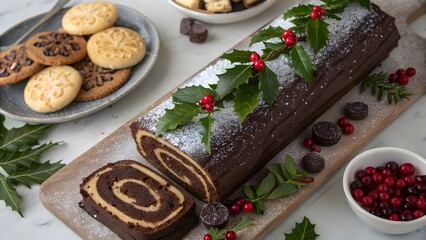 Festive Chocolate Yule Log Cake with Holly Leaves and Sugar Dust – Christmas Dessert Flatlay