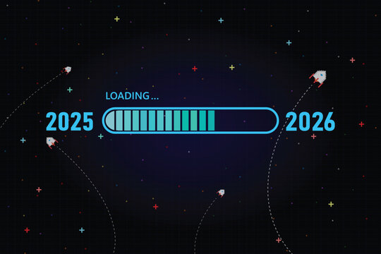 Blue loading bar from 2025 to 2026 on a dark blue game retro background. New Year concept