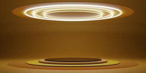 Circular stage and neon lights, technology background, modern showroom, 3D illustration