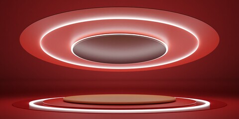 Circular stage and neon lights, technology background, modern showroom, 3D illustration