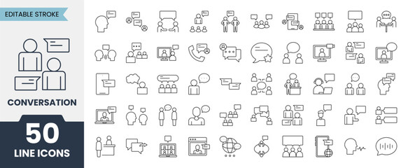 Conversation line icons set with editable stroke. Containing chat, interview, discussion, talking, speaking, speech bubble, message and more. Vector illustration