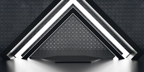 Modern showroom, triangle stage and neon lights, technology background, 3D illustration