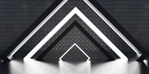 Modern showroom, triangle stage and neon lights, technology background, 3D illustration