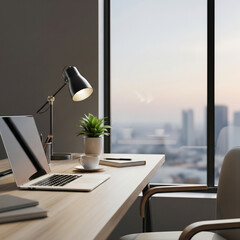 Modern office desk setup with laptop and city view.