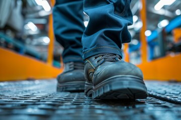 Obraz premium Close-up of work boots on industrial floor