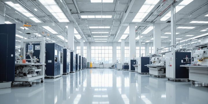 High-tech textile factory focused on biodegradable fabrics, with robotic stitching machines, eco-friendly textiles, bright lighting, and a minimalistic industrial design.