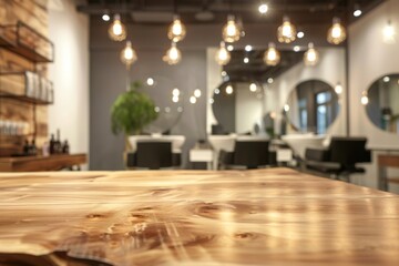 Stylish salon interior with wooden table and lighting