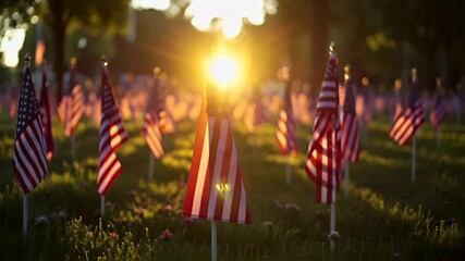 Aerial view of American flags in a field during sunset, with the sun casting a golden hue over the scene. The flags are prominently displayed in the foreground.