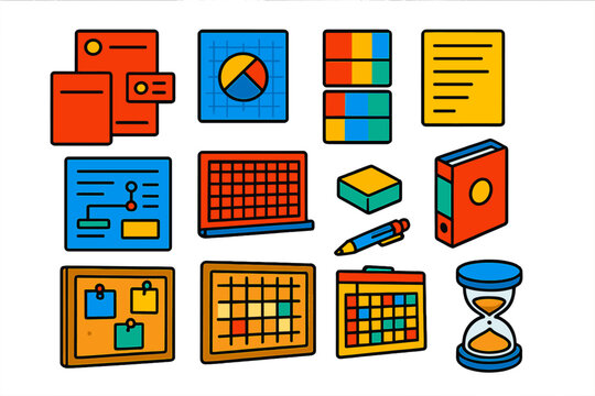 Bright Branding Tools. Isometric vector illustration set branding and planning: stationery branding set, logo grid, brand palette