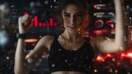 Fitness Woman Celebrating Workout Success with Digital Biometric Data Overlay